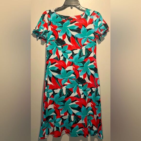 Talbots- Floral Teal Red Ruffle Shift Dress Tropical Island Beach- Size S Petite - Picture 1 of 7